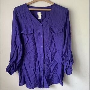 Chicos Womens Shirt size 2Purple Button Up Roll Tab Sleeve Lightweight Career